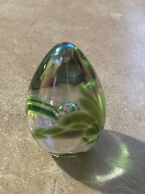 VINTAGE 1999 GLASS EYE STUDIO IRIDESCENT EGG SHAPED ART GLASS PAPERWEIGHT GES 99-image