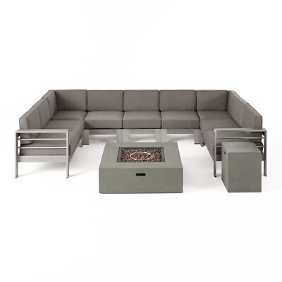 Denise Outdoor 9 Seater Aluminum U-Shaped Sofa Sectional and Fire Pit Set-image