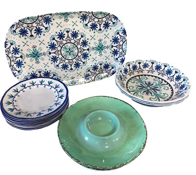 16pc Melamine Plates, Large Serving Tray, Dip Trays & Serving Bowls-image