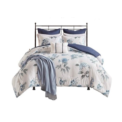 Zennia Farmhouse Comforter Set with Throw Blanket Floral Print on Seersucker Tex-image