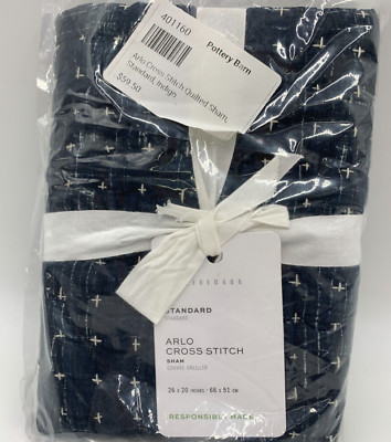 Pottery Barn Arlo Cross Stitch Quilted Cotton Sham Indigo Blue Standard #63X-image