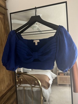 Studio F Royal Blue Linen Balloon Sleeve Cropped Top Sweetheart Neckline Small-image
