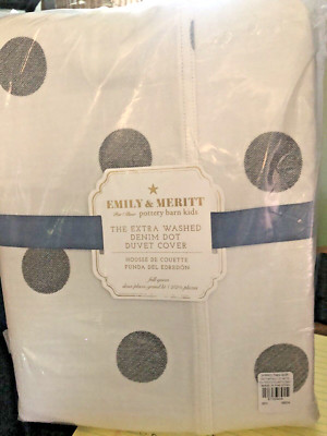 Pottery Barn kids Emily Meritt Washed denim Dot Duvet Cover FULL QUEEN gray-image