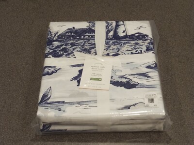 NEW RARE 5PC Pottery Barn Sailboat Toile Queen Duvet Shams Nautical Lighthouse-image