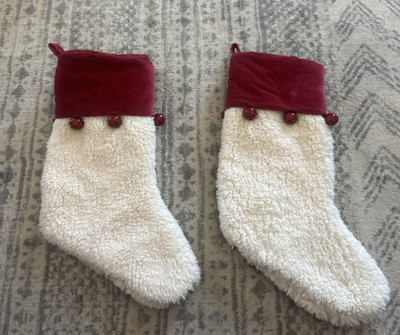 Lot 2 Pottery Barn Red Velvet Cream Sherpa with Bells Rare Luxurious Stockings-image