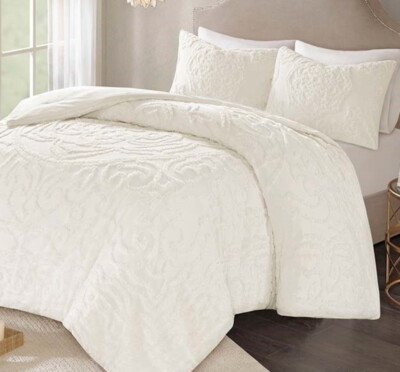 IVORY CHENILLE VINTAGE PLUSH COTTON 3pc COMFORTER SET: Queen, King or Cal King-image