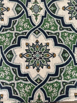 Pottery Barn Full Queen Duvet Cover Ashton Medallion Blue White Green Yellow-image