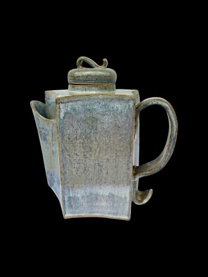 Vntg Teapot Japanese Chinese Modernist Stoneware Studio Art Slab Built Signed D-image