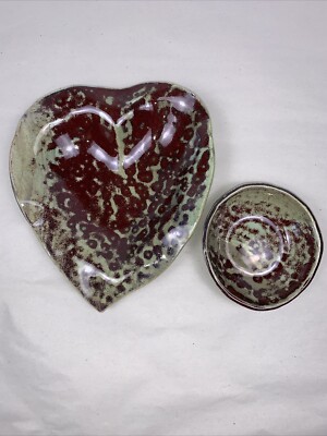 Handmade One Of A Kind Studio Pottery. Heart Shaped Bowl & Small Bowl. Signed.-image
