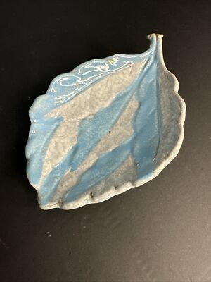 Vintage Studio Art Pottery Blue Ceramic Leaf Handle Serving Dish Decor 12