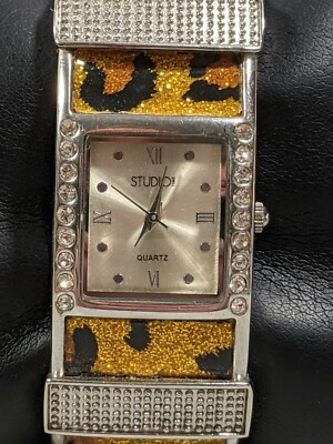 Studio Silver Tone Square Case  Animal Print Enamel Inlay Hinge Bracelet Watch -image