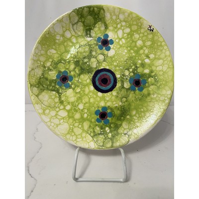 Studio Art Signed Hand-Wrought, Hand-Painted Green Blue Ceramic Plate 11