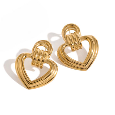 18k Gold Plated Stainless Steel Ribbed Heart-shaped Stud Earrings for Women-image
