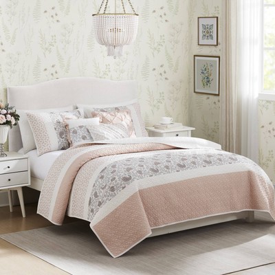6 Piece Cotton Percale Quilt Set with Throw Pillows Blush King/Cal King-image