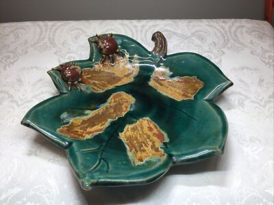 Studio Pottery Redware Majolica Leaf  Dish with Applied Bugs-image