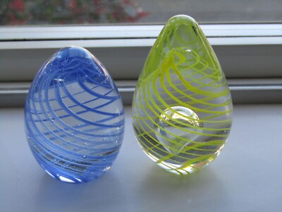 2 Studio Art Glass Spiral Egg Shaped Paperweights Clear With Blue/yellow Spiral-image