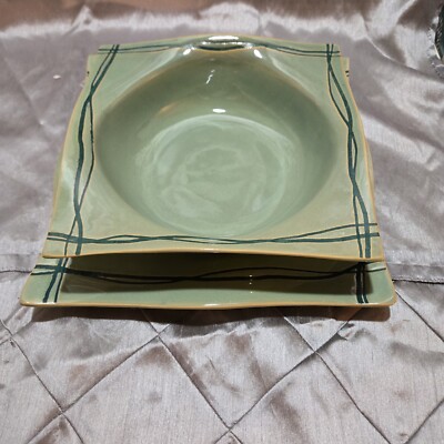 Studio Nova - Square Rim Serving Bowl With Matching Plate in Mystic Cove Green-image