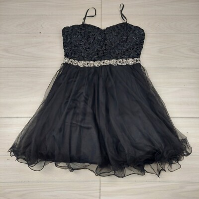 City Studio Dress Womens 9 Black Mini Formal Strappy Fairy Prom Whimsy Goth Lace-image