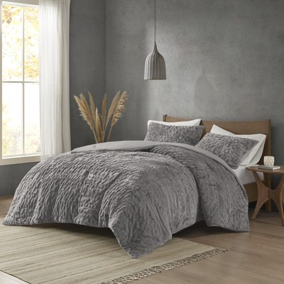 Blair Grey Faux Fur Comforter Set Full/Queen 3pc All Season Bedding w/ Shams-image