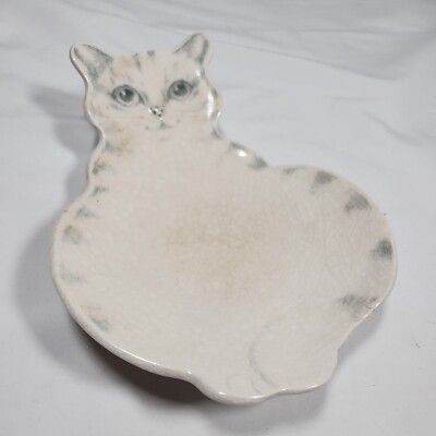 Tabby Cat Shaped Bowl Trinket Spoon Rest Ceramic Signed Round Bottom Balanced -image