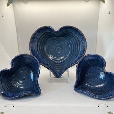 (3) Greg Neal Heart Shaped Stoneware Art Pottery 1993 Blue Drip Glaze-image