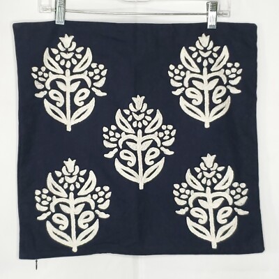 Pottery Barn Square Pillow Sham Floral Embroidered Navy Blue 18