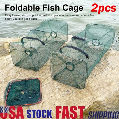 2X Fishing Bait Trap Net Fish Cast Cage Crab Minnow Crawdad Shrimp Foldable New-image