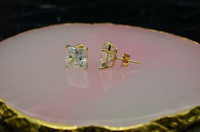 14K Yellow Gold princess cut cubic zirconia stud earrings 8mm-image
