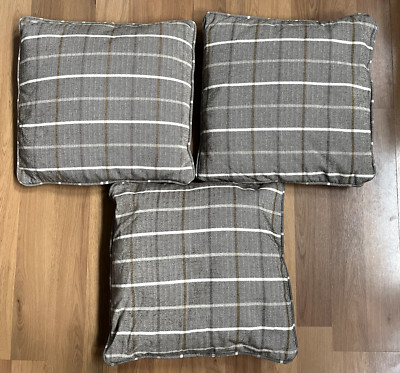 Set of 3 Pottery Barn Herringbone Plaid Pillow Cushions – Brown/Beige – 16