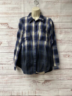 Women's Large Blu Pepper Blue Plaid Flannel Shirt Soft Button Up Dipped Hem WS66-image