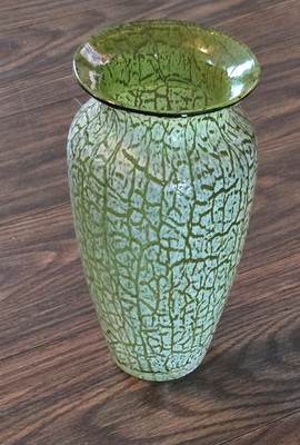 Studio Art Mossy Green Glass Vase with White Crackle Overlay NWOT-image