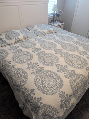 Pottery Barn FULL QUEEN Duvet Set ~ Lucianna Medallion Blue Ivory + 2 Euro Shams-image