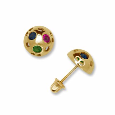 14K Solid Gold Half Ball Shaped Screw Back Stud Earrings Ruby Emerald & Sapphire-image