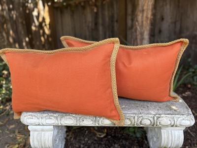 2 Rare Vivid Orange Pottery Barn Linen Outdoor Lumbar Pillows W/ Jute Trim-image