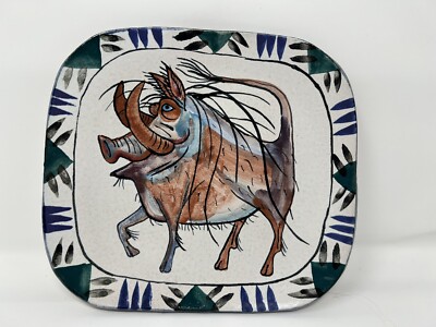 Suki Diamond Studio Artisan Pottery Plate Signed Colorful Warthog Design-image