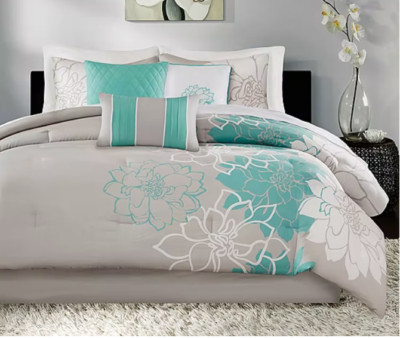 New Madison Park Lola 2 pcs Floral Geometric Comforter Set Queen Aqua Gray  i82M-image