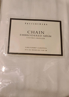 1 Pottery Barn Embroidered Chain Link Pillow Sham Euro Sq White Green 26”-image