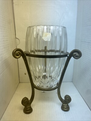 VTG Egg Shaped Lead Crystal Ribbed Vase With Brass Stand Fifth Avenue Crystal-image