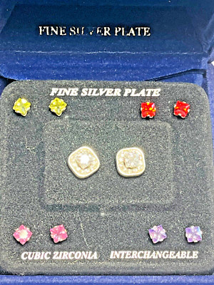 NWOT Fine Silver Plate Cubic Zirconia Interchangeable 5-pc Stud Earrings Set-image