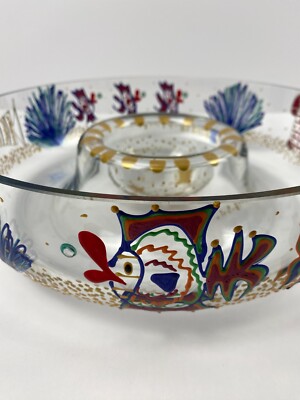 VTG Smithereens  Vikki '98 Ocean Fish Large Glass Chip n Dip Bowl Server NIB-image