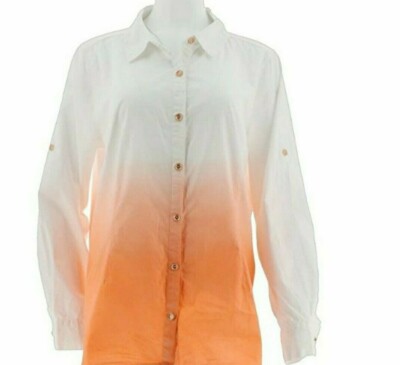 Isaac Mizrahi Live! ~ CORAL CARNATION ~ Dip Dye Button Front ~ Size Large Blouse-image