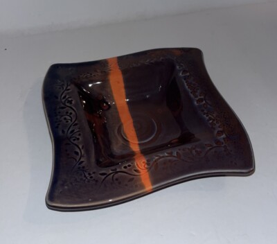 Signed Studio Art Pottery Purple/orange Square Dish-image