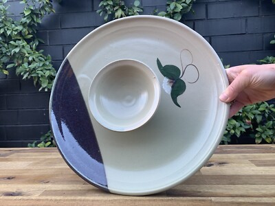 Vtg Wheel Thrown Pottery Platter ~ Chip n Dip Plate ~ Large size~ Hand Painted-image