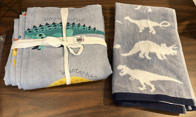 Pottery Barn Kids Finn Dino Dinosaur Shower Curtain + Hand Towel 72 x72 NWOT-image