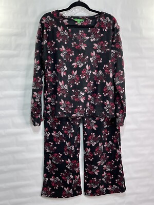 Dip Women’s Sz L Black Floral Flannel Pockets Friendly Sleepwear 2 Piece/Set-image