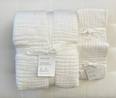 Pottery Barn CLOUD COTTON LINEN King/Cali King Duvet & 2 Euro Shams ~White~ NWT-image
