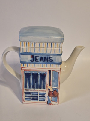 Vintage Ceramic Teapot Shaped  Like A  Jeans  Store   By  MSRF Design Studio-image