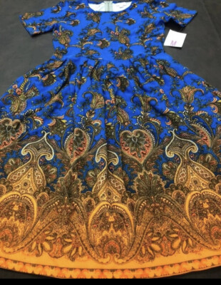 NEW LuLaRoe Amelia Blue/Orange Paisley Ornate Dip Floral Unicorn Medium 10/12 8-image