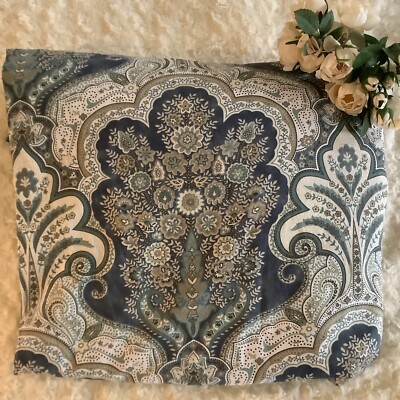 Pottery Barn white blues greens floral medallion paisley QUEEN? duvet 86