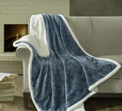 MADISON PARK CELIA OVERSIZED TEXTURED PLUSH THROW -BLUE -NWT-image